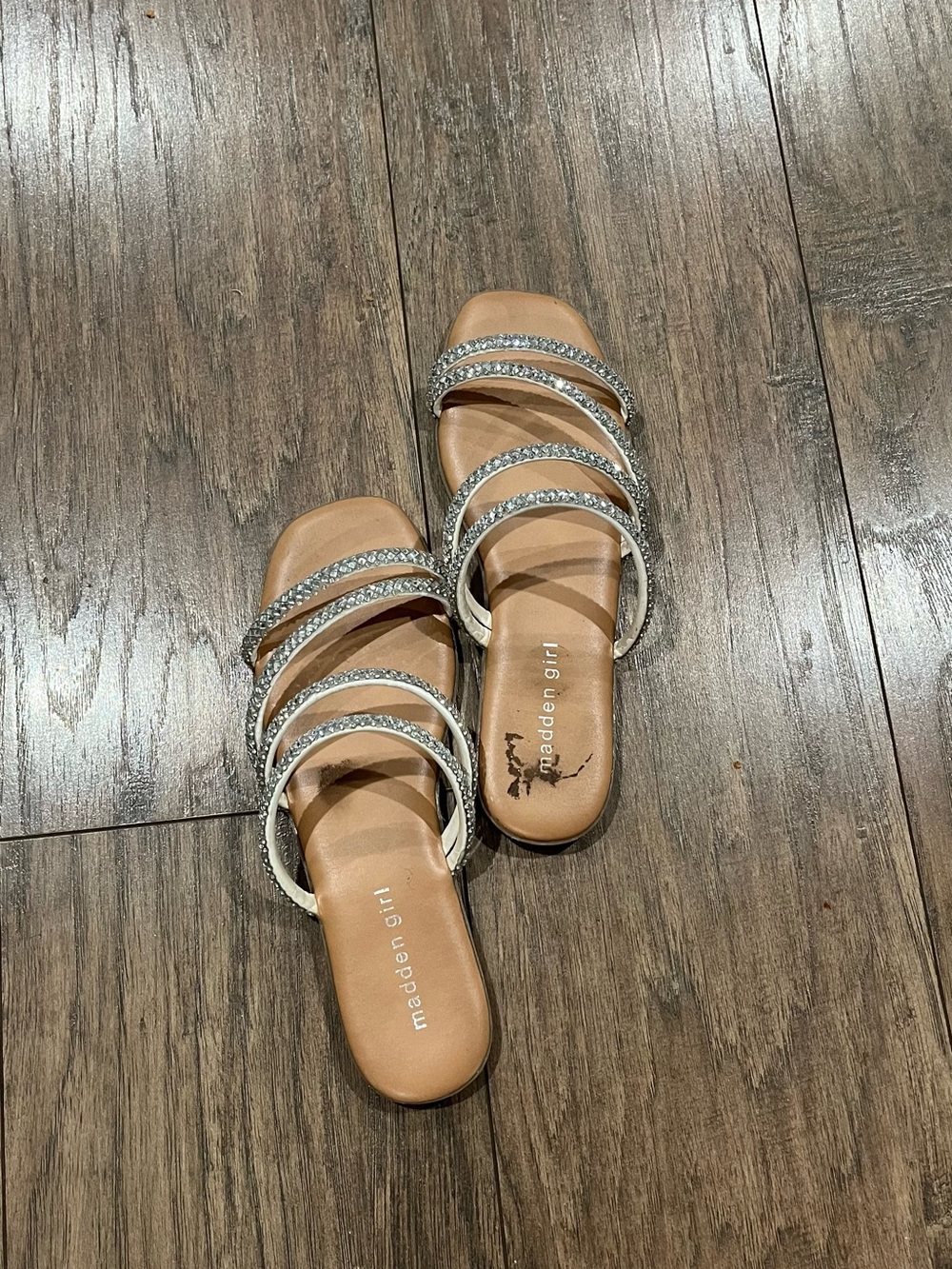 Madden Girl Tan Slide Sandals with Crystal-Strap Detail